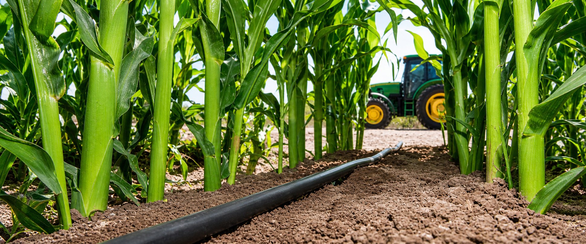 Drip irrigation line running through a row of crops